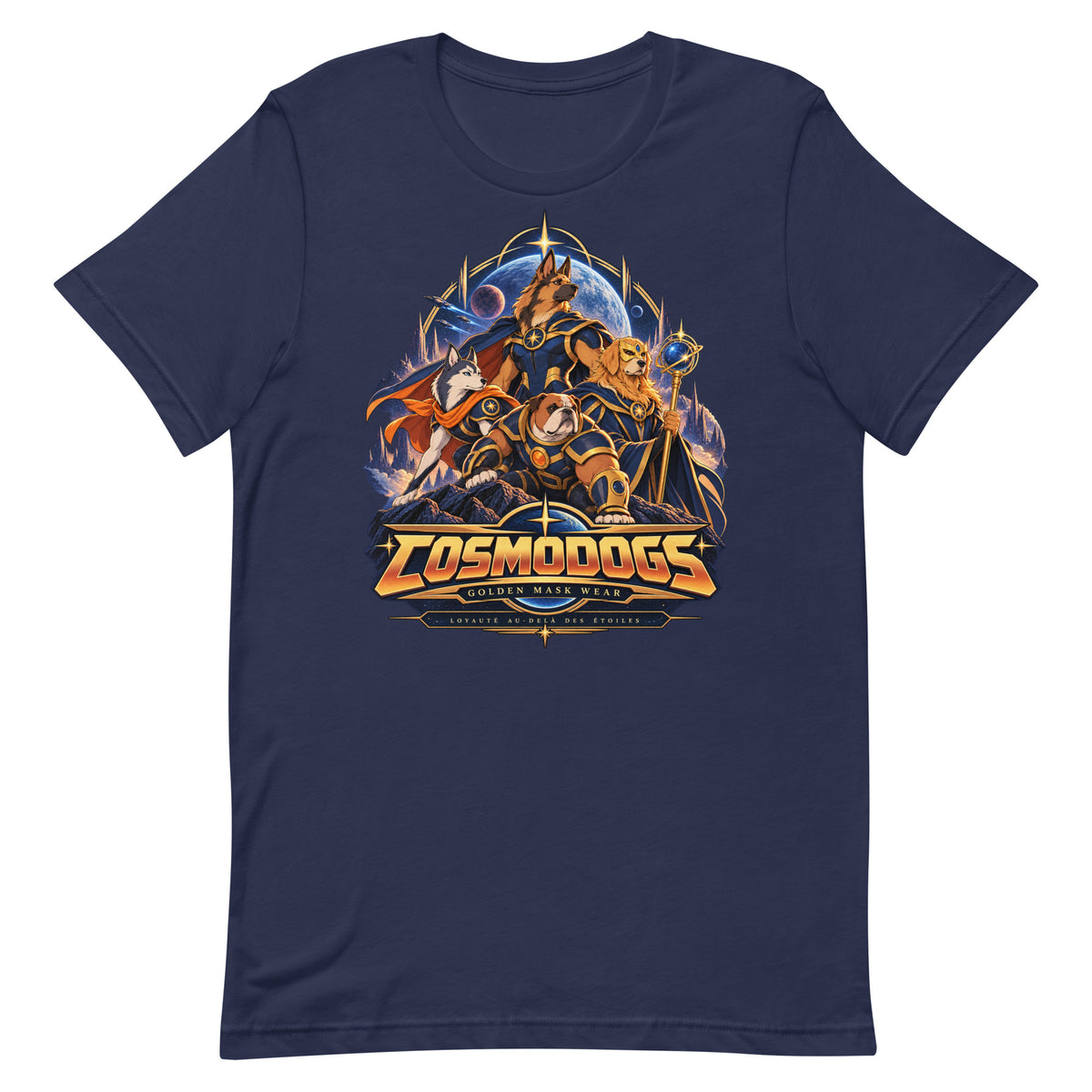 T-shirt rétro COSMODOGS bleu nuit, quatre chiens super-héros et Golden Retriever au masque doré — Golden Mask Wear, vue de face