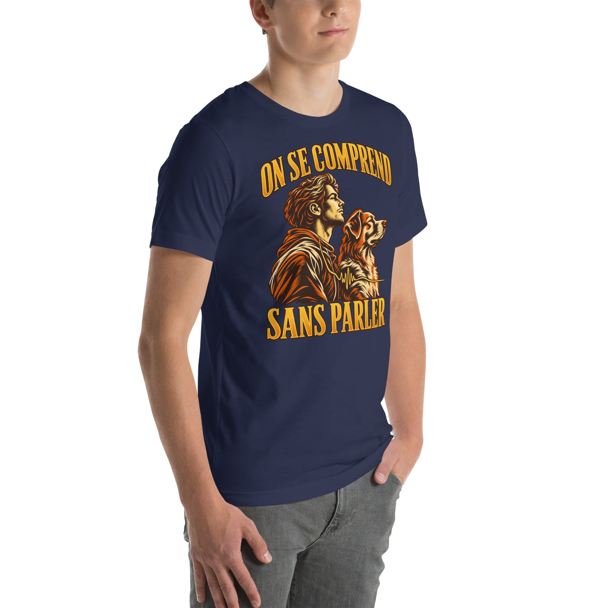 T-shirt bleu marine On se comprend sans parler Golden Mask Wear — vue trois-quarts avant droit