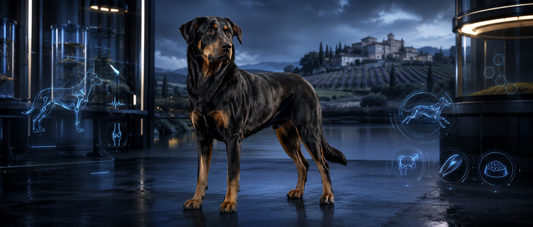 Beauceron adulte noir et feu en ambiance scientifique premium bleutée avec infographies sur les muscles, les articulations, l’énergie et la récupération.
