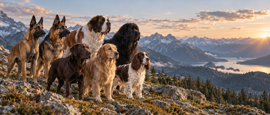 Sept races de chiens de travail et chiens actifs réunies en montagne : Malinois, Berger Allemand, Labrador, Golden Retriever, Saint-Bernard, Terre-Neuve et Springer Spaniel.