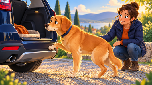 Chien senior hésitant à monter dans le coffre d’une voiture, accompagné par sa maîtresse, illustration sur la mobilité et les premiers signes d’arthrose chez le chien.