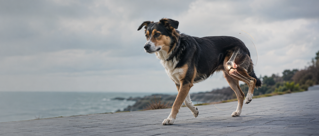 Chien levant une patte arrière avec représentation anatomique du genou illustrant la luxation de la rotule et le soutien de la mobilité canine.