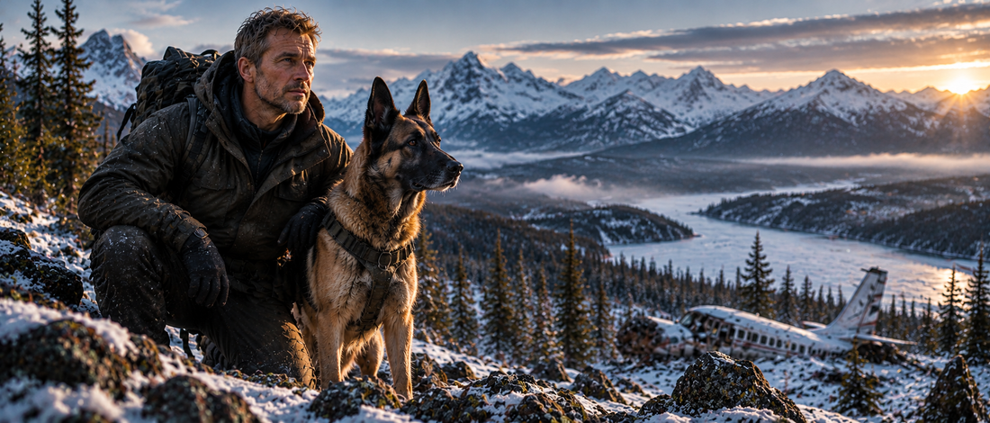 Un homme et un berger allemand avancent ensemble dans un paysage sauvage enneigé d’Alaska.