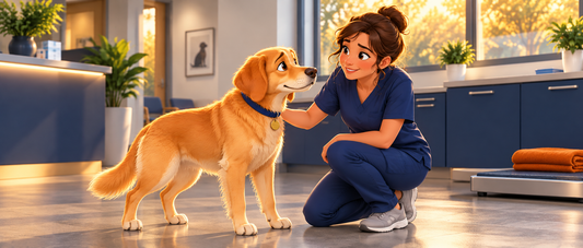 Illustration 3D d’une auxiliaire vétérinaire en tenue bleu nuit rassurant un chien doré dans une clinique vétérinaire.