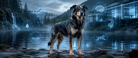 Chien adulte au bord d’un lac en ambiance scientifique premium bleutée avec infographies sur l’hydratation, la baignade, la vigilance et le bien-être canin.