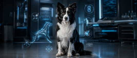 Border Collie adulte noir et blanc en ambiance scientifique premium bleutée avec infographies holographiques sur l’intelligence, l’énergie, les muscles, les articulations, la récupération et la nutrition canine.