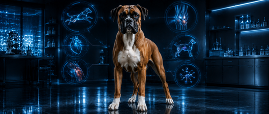 Boxer adulte athlétique en ambiance scientifique premium bleutée avec infographies holographiques sur la mobilité, les muscles, les articulations et la nutrition canine.