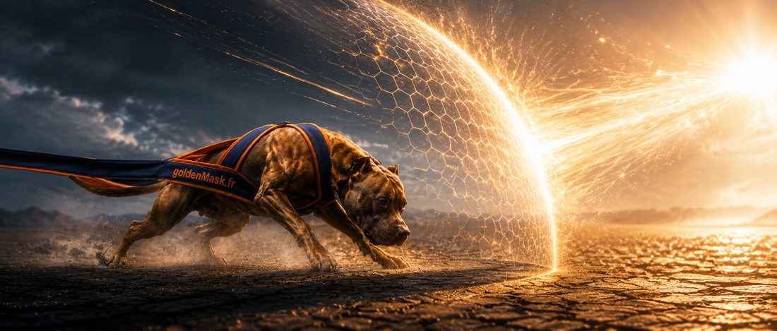 Chien adulte protégé de la chaleur en ambiance scientifique premium bleutée avec infographies holographiques sur l’hydratation, les coussinets, la récupération, l’énergie et le bien-être canin.
