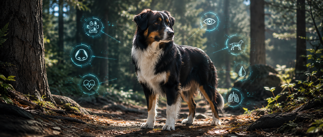Chien adulte en forêt dans une ambiance scientifique premium bleutée avec infographies sur la vigilance, les pattes, le museau, la peau et la prévention des chenilles processionnaires.