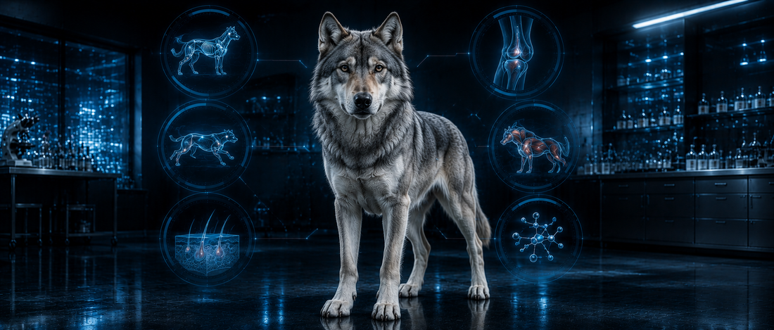 Chien-loup adulte photoréaliste en ambiance scientifique premium bleutée avec infographies holographiques sur la mobilité, les muscles, les articulations, l’énergie et la nutrition canine.
