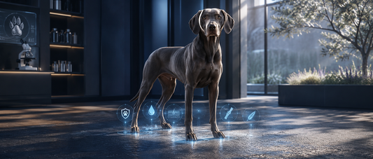 Chien adulte en été sur un sol chaud avec visualisation premium des coussinets, de la peau, de la mobilité et de la protection naturelle Golden Mask.