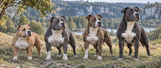 Quatre American Bully adultes de gabarits différents, debout dans un paysage naturel.