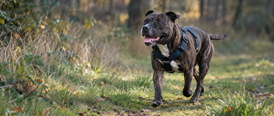 Staffordshire Bull Terrier bringé en mouvement sur un sentier, portant un harnais bleu nuit.