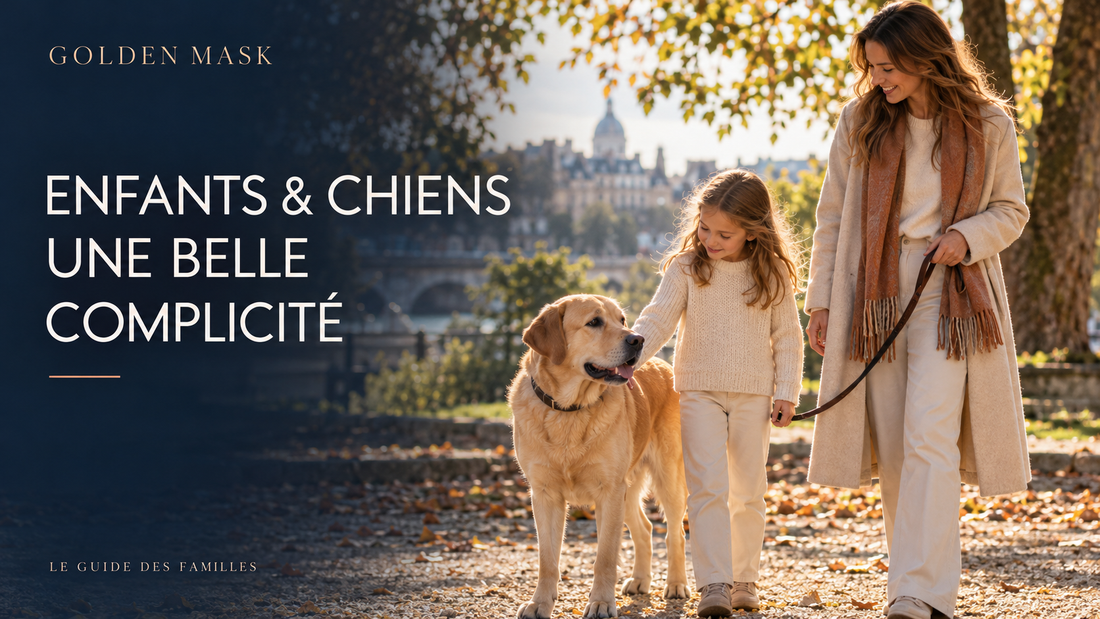 Un enfant caresse doucement un chien dans un parc sous la surveillance attentive de sa mère.
