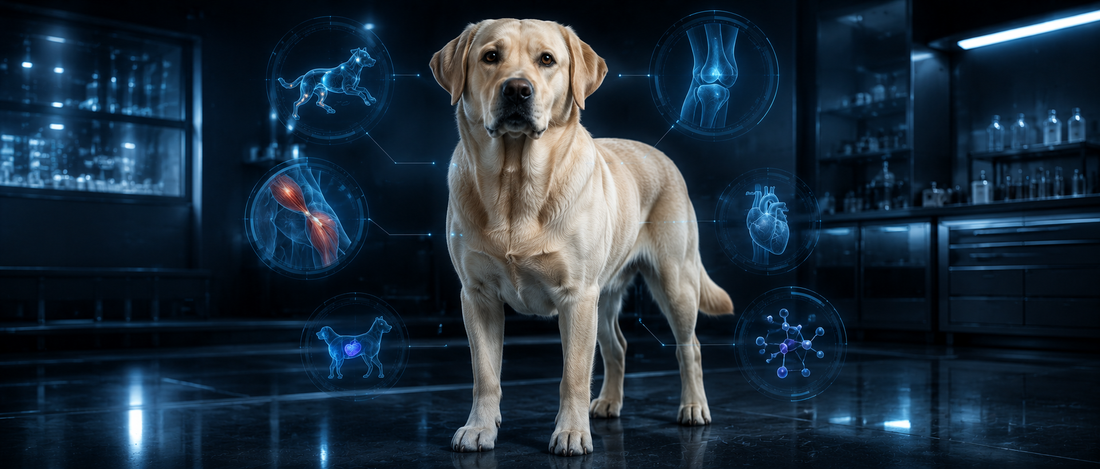 Labrador Retriever adulte en environnement scientifique premium illustrant la mobilité, les articulations, les muscles et la nutrition canine. Bannière sur le bien-être, la santé et la performance du chien.