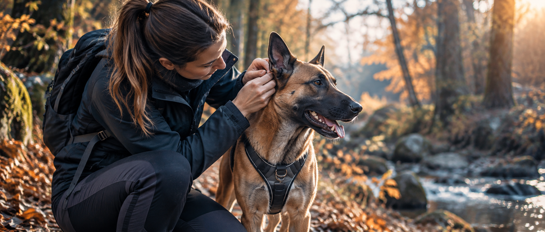 Maîtresse inspectant l'oreille et le pelage d'un chien après une promenade en forêt pour prévenir les tiques responsables de la piroplasmose.