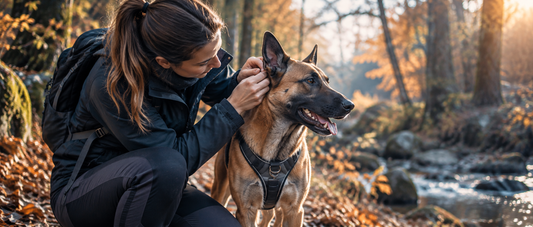 Maîtresse inspectant l'oreille et le pelage d'un chien après une promenade en forêt pour prévenir les tiques responsables de la piroplasmose.