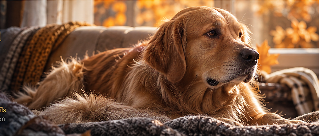 Golden Retriever se reposant dans un intérieur chaleureux en automne, illustrant la vigilance face aux puces chez le chien.
