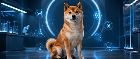 Shiba Inu adulte roux en ambiance scientifique premium bleutée avec infographies holographiques sur la mobilité, le pelage, l’énergie, la récupération et la nutrition canine.
