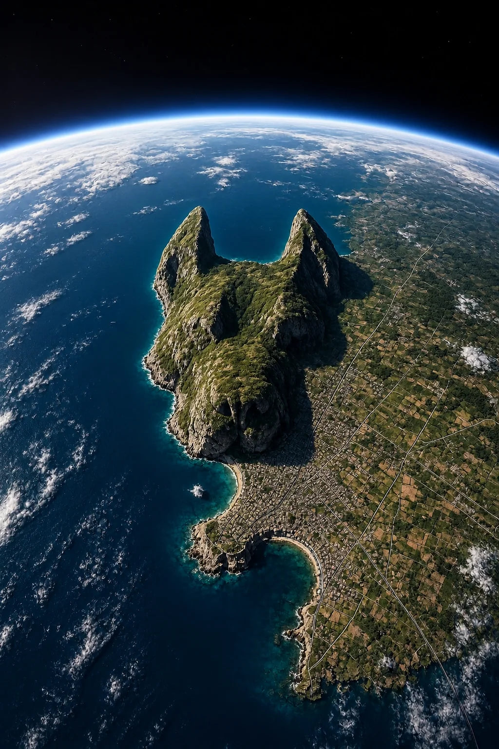Île en forme de tête de chien vue depuis l’espace – univers Golden Mask