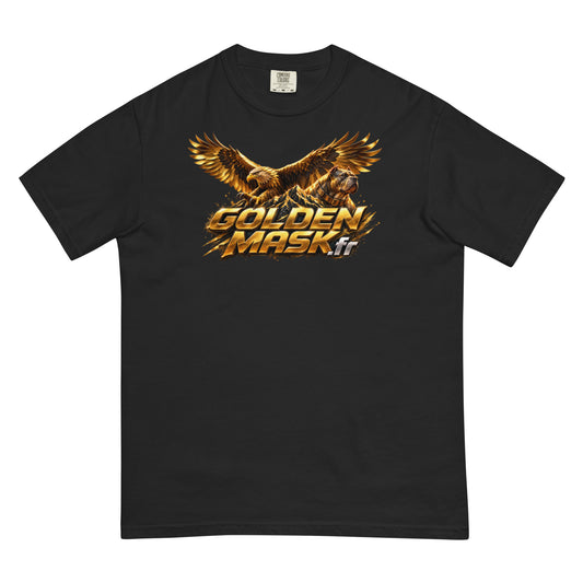 T-shirt noir Comfort Colors 1717 Aigle et Chien Doré Golden Mask Wear — maquette Printful de face