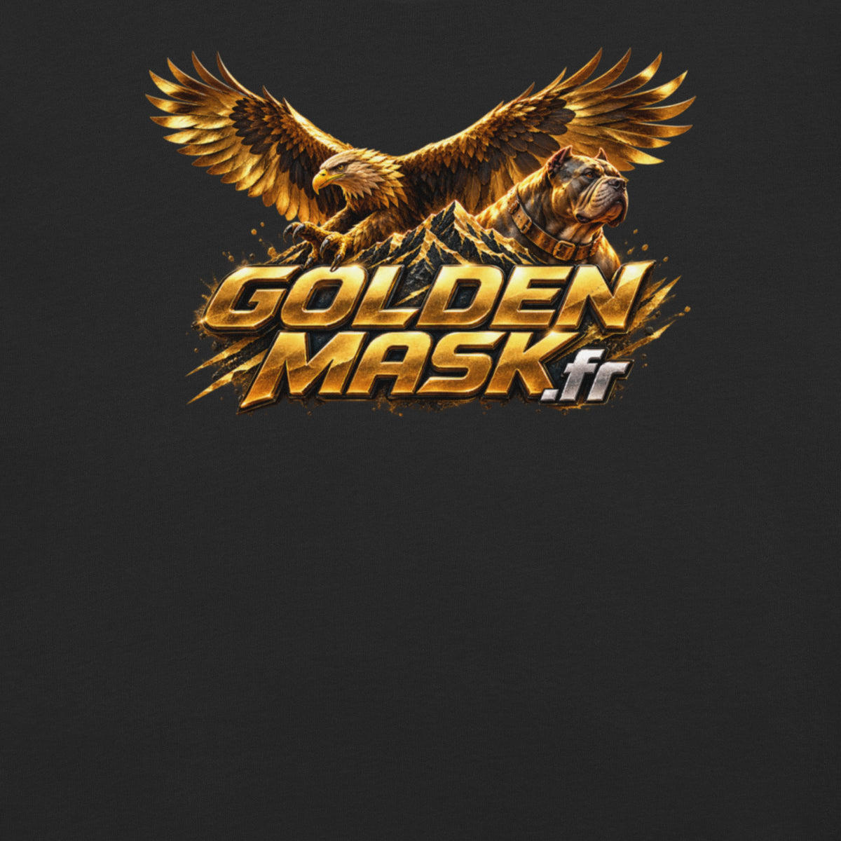 Gros plan Printful du motif aigle et chien doré avec logo Golden Mask sur coton noir