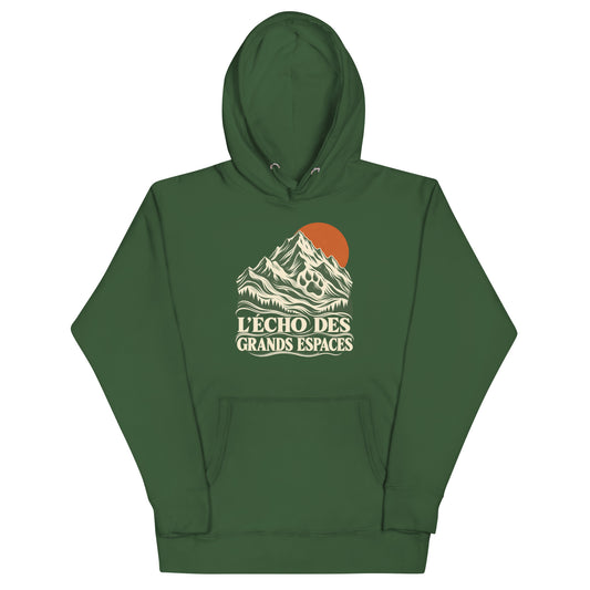 Sweat mixte vert forêt L’écho des grands espaces Golden Mask Wear, illustration de montagnes, sapins et soleil orange sur le devant