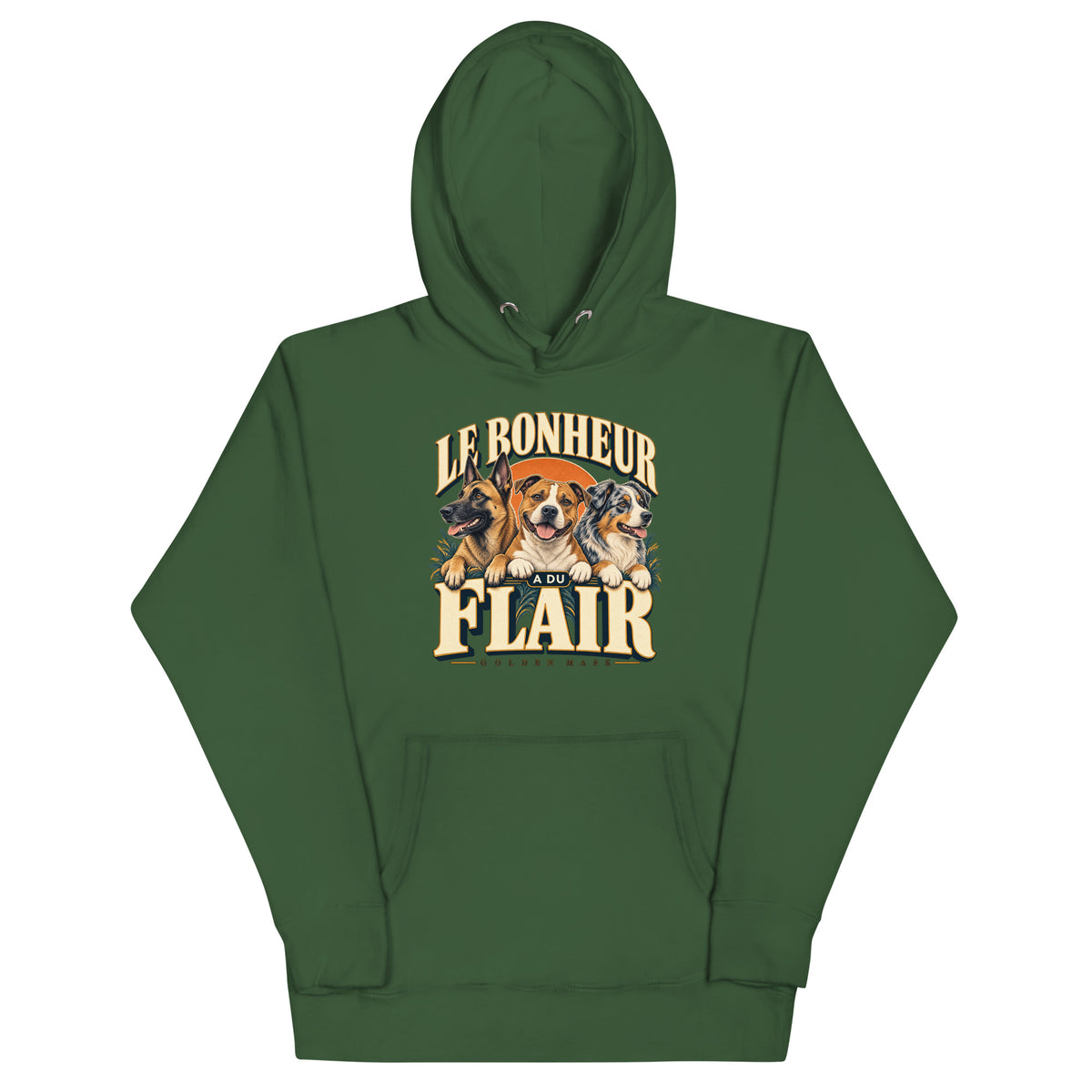 Sweat mixte vert forêt Le bonheur a du flair, trois chiens et slogan sur le devant