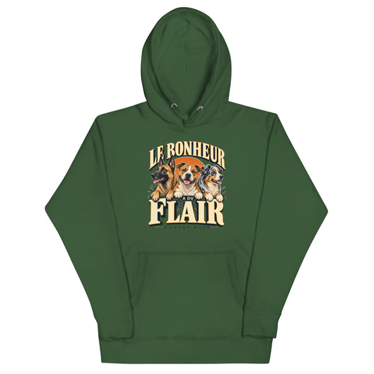 Sweat mixte vert forêt Le bonheur a du flair, trois chiens et slogan sur le devant