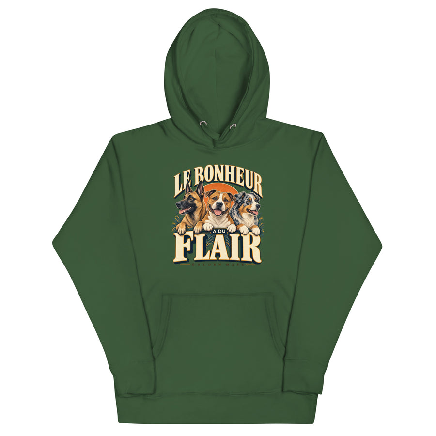 Sweat mixte vert forêt Le bonheur a du flair, trois chiens et slogan sur le devant