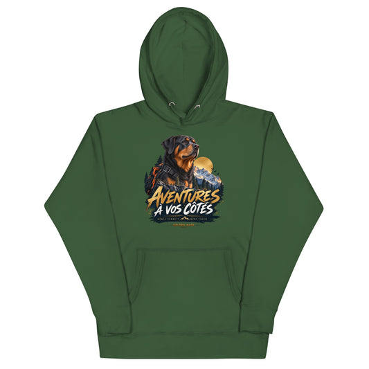 Sweat mixte Aventures à vos côtés Rottweiler vert forêt, illustration sur le devant