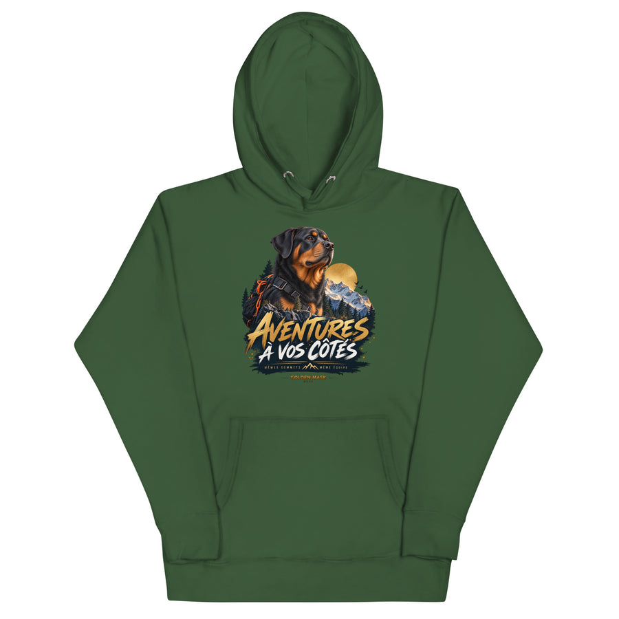 Sweat mixte Aventures à vos côtés Rottweiler vert forêt, illustration sur le devant