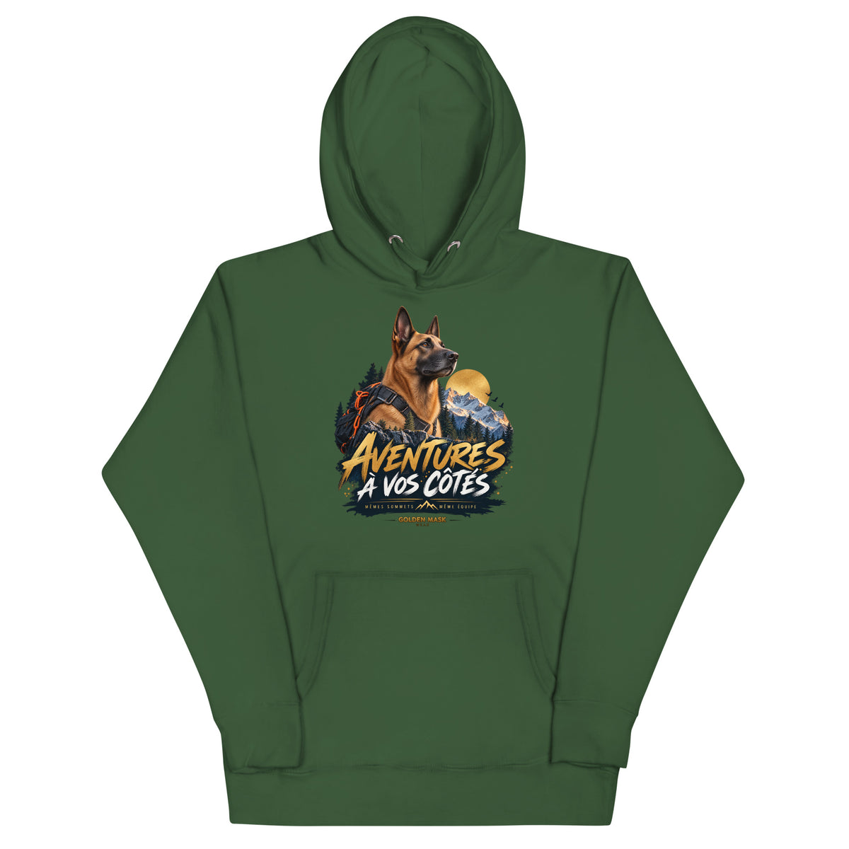 Sweat mixte Aventures à vos côtés Malinois vert forêt, illustration sur le devant