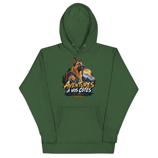 Sweat mixte Aventures à vos côtés Malinois vert forêt, illustration sur le devant