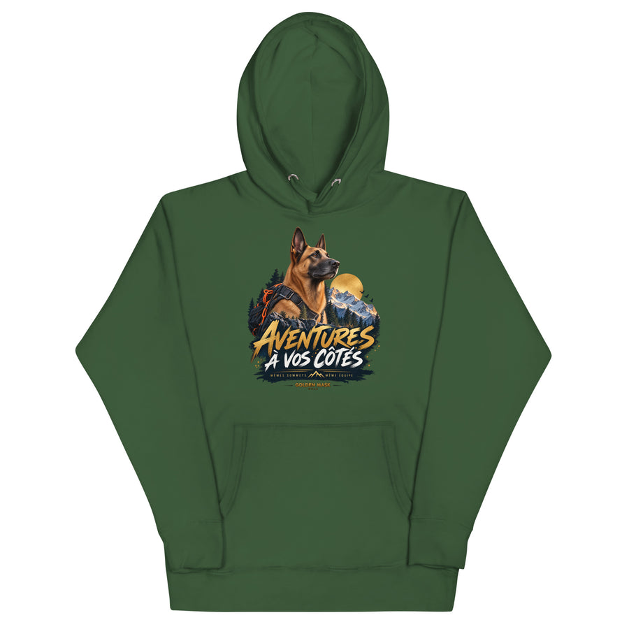 Sweat mixte Aventures à vos côtés Malinois vert forêt, illustration sur le devant