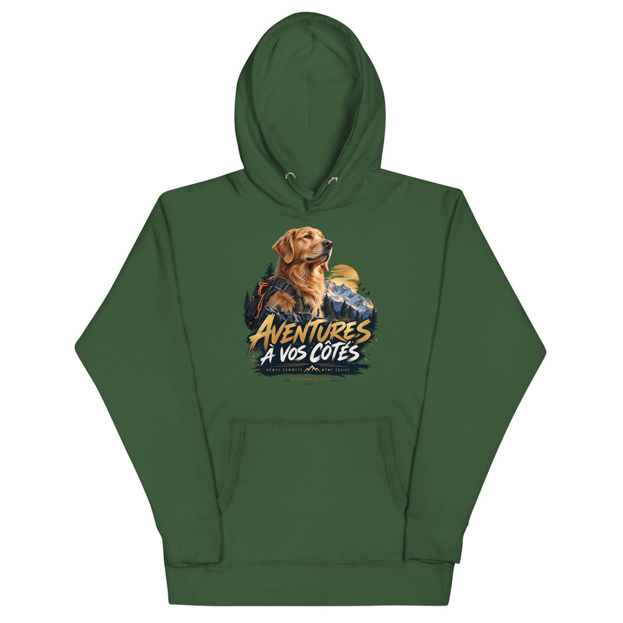 Sweat à capuche mixte Golden Retriever — Aventures à vos côtés | Golden Mask Wear — vert forêt — vue de face