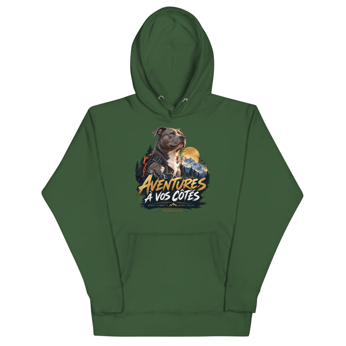 Sweat à capuche mixte American Bully — Aventures à vos côtés | Golden Mask Wear — vert forêt — vue de face