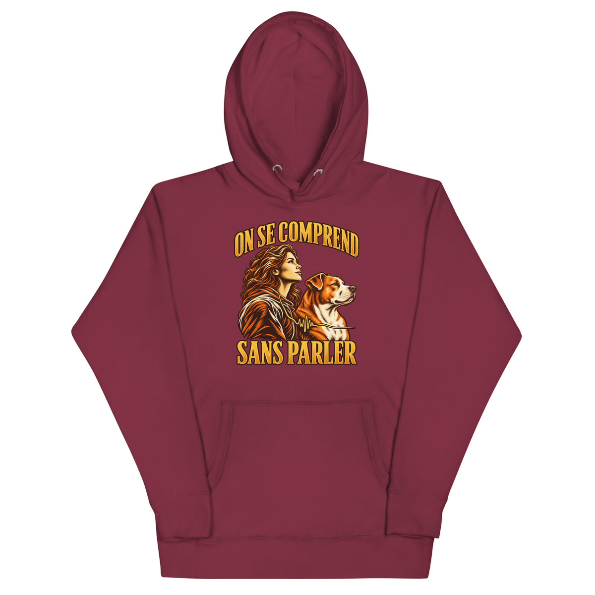 Sweat mixte Femme et Amstaff bordeaux, illustration On se comprend sans parler sur le devant