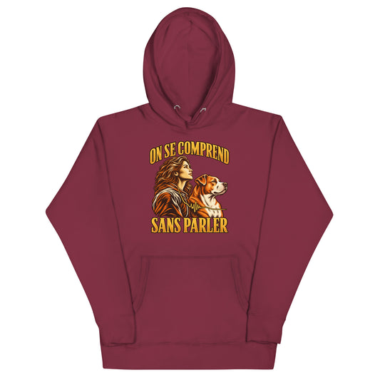 Sweat mixte Femme et Amstaff bordeaux, illustration On se comprend sans parler sur le devant