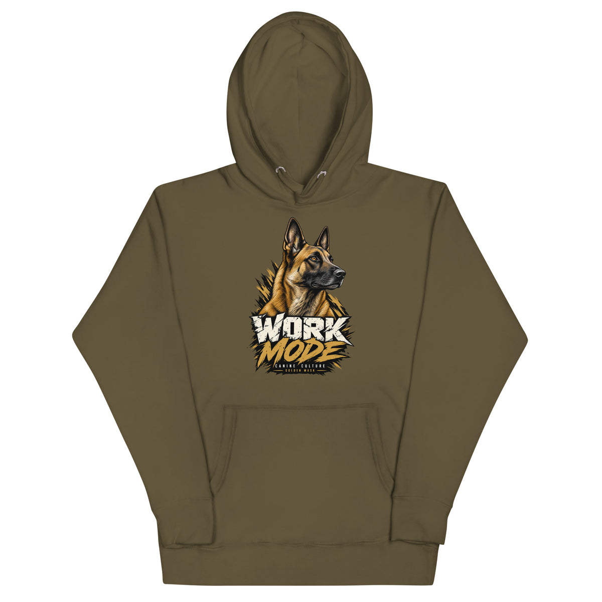 Sweat à capuche mixte Malinois — WORK MODE | Golden Mask Wear — vert militaire — vue de face
