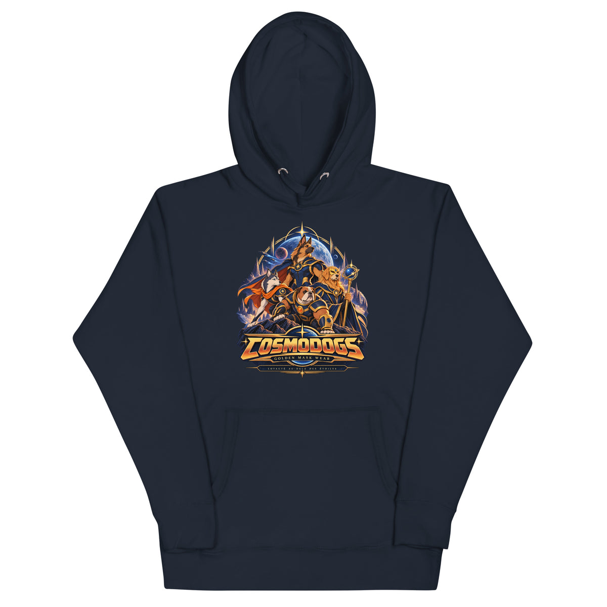 Sweat mixte COSMODOGS Héros interstellaires bleu nuit, illustration canine sur le devant