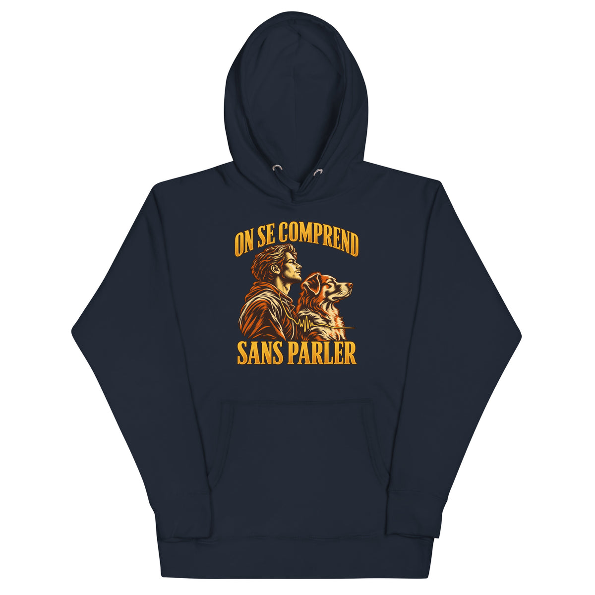 Sweat mixte On se comprend sans parler bleu nuit, illustration sur le devant