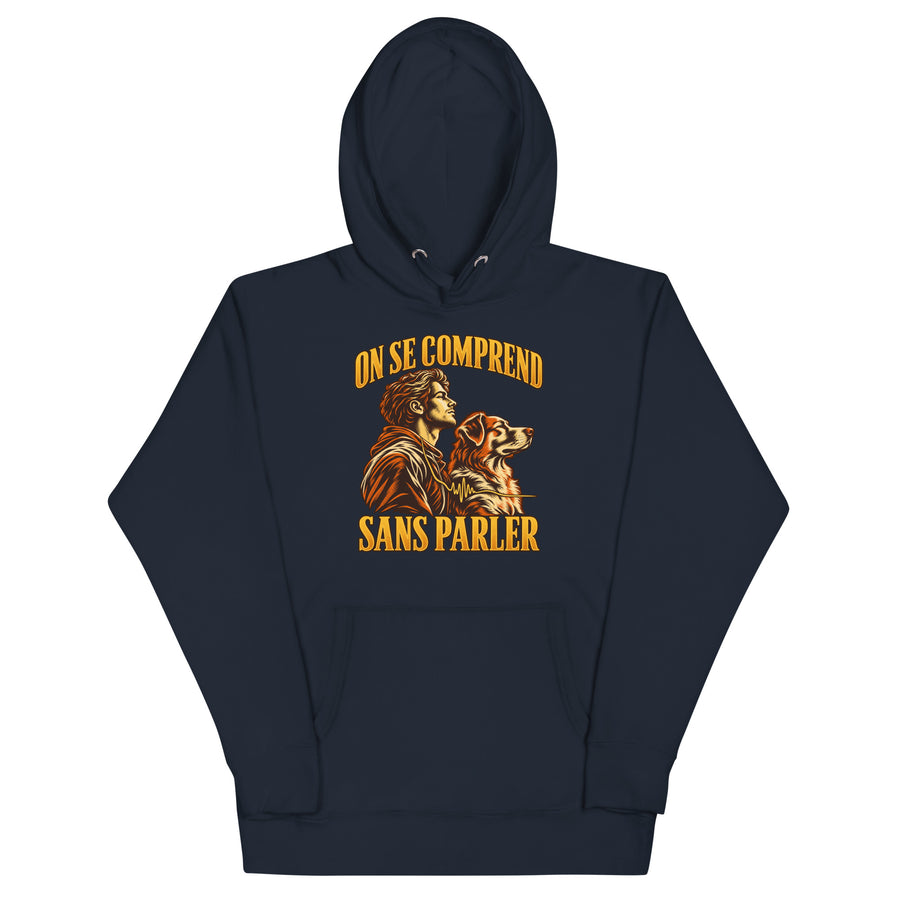 Sweat mixte On se comprend sans parler bleu nuit, illustration sur le devant