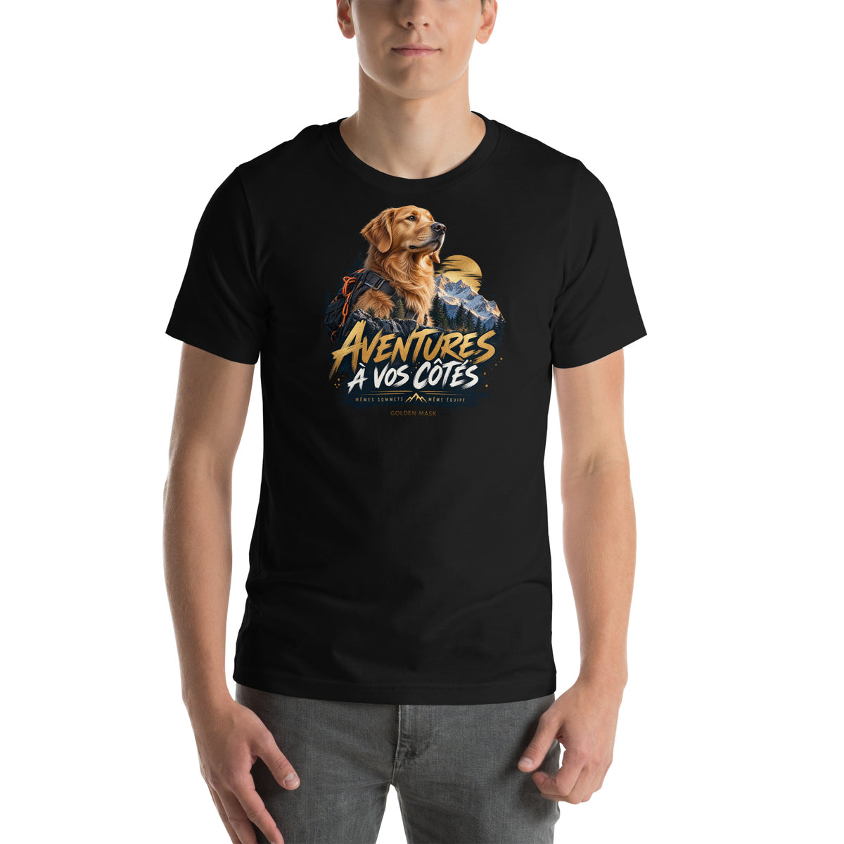 T-shirt noir Golden Retriever Aventures à vos côtés — vue de face, Golden Mask Wear