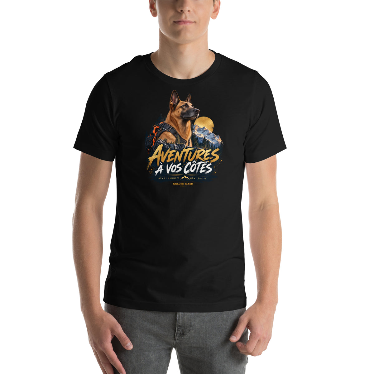 T-shirt noir Malinois Aventures à vos côtés — vue de face, Golden Mask Wear