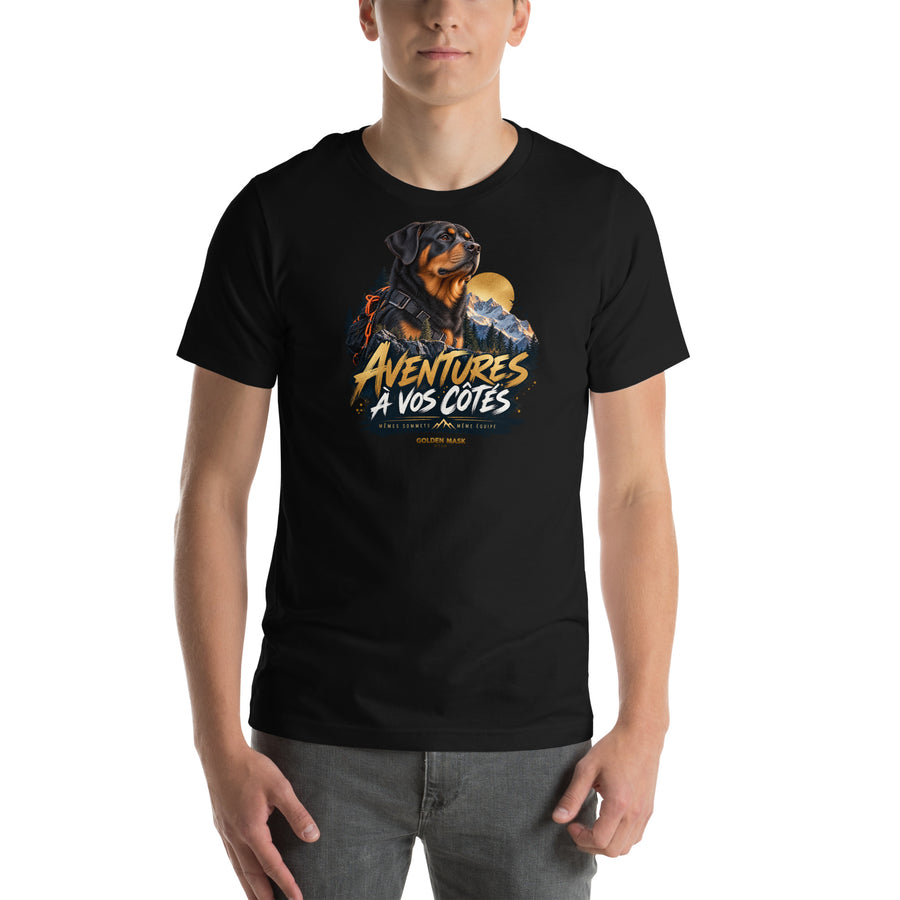 T-shirt noir Rottweiler Aventures à vos côtés — vue de face, Golden Mask Wear