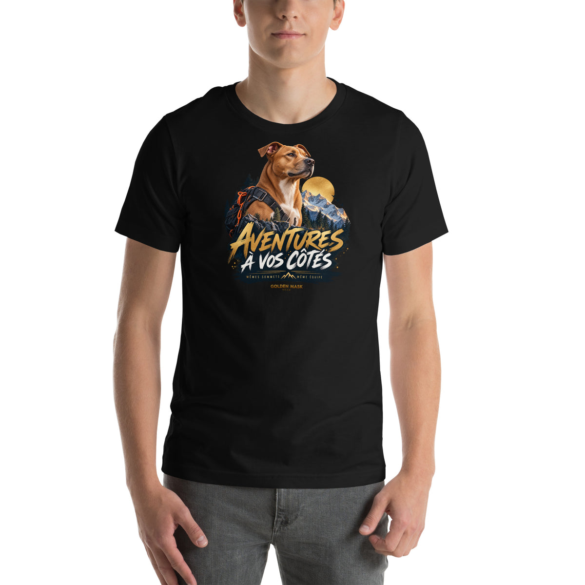 T-shirt noir Pitbull Aventures à vos côtés — vue de face, Golden Mask Wear
