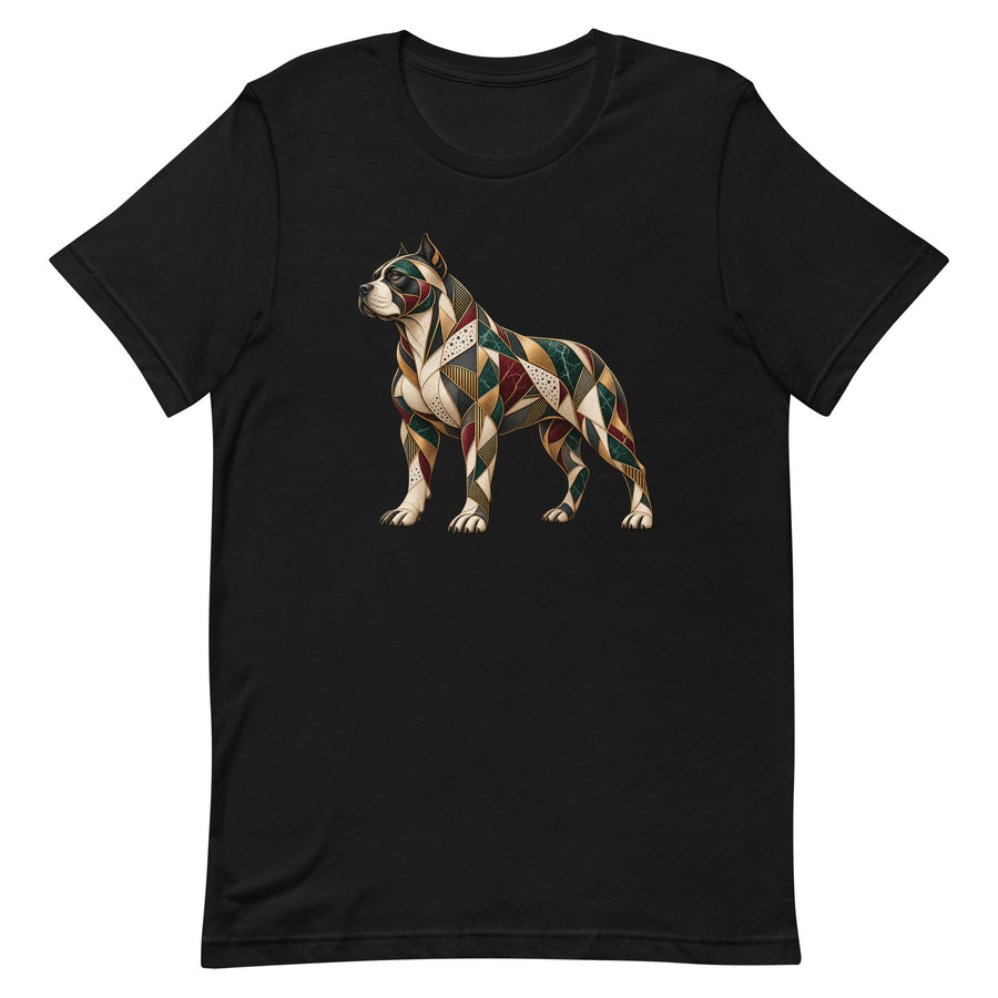 T-shirt noir Molosse Mosaïque Golden Mask Wear, motif de molosse crème, vert, bordeaux et doré, vue de face à plat