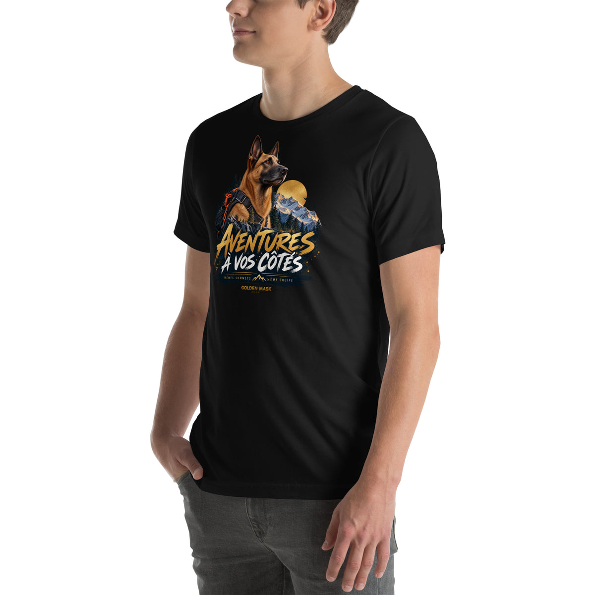 T-shirt noir Malinois Aventures à vos côtés — vue avant gauche