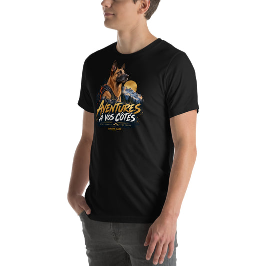 T-shirt noir Malinois Aventures à vos côtés — vue avant gauche